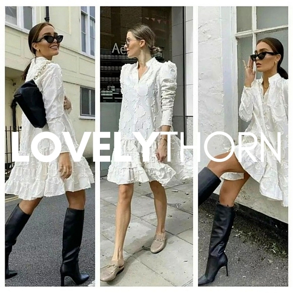 H&M // ltd ed blogger fave jacquard weave puff sleeve flare mini rocky barnes - Picture 10 of 16